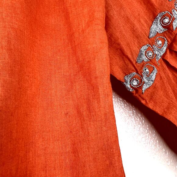 Taj by Sabrina Crippa Popover Blouse Top Orange Metallic Silver Embroidery SMALL - Picture 5 of 8